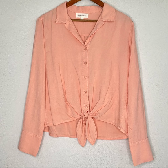 Cloth & Stone Peach Pink Tencel Button Front Long Sleeve Roll Tie Front Top XS - Picture 1 of 4
